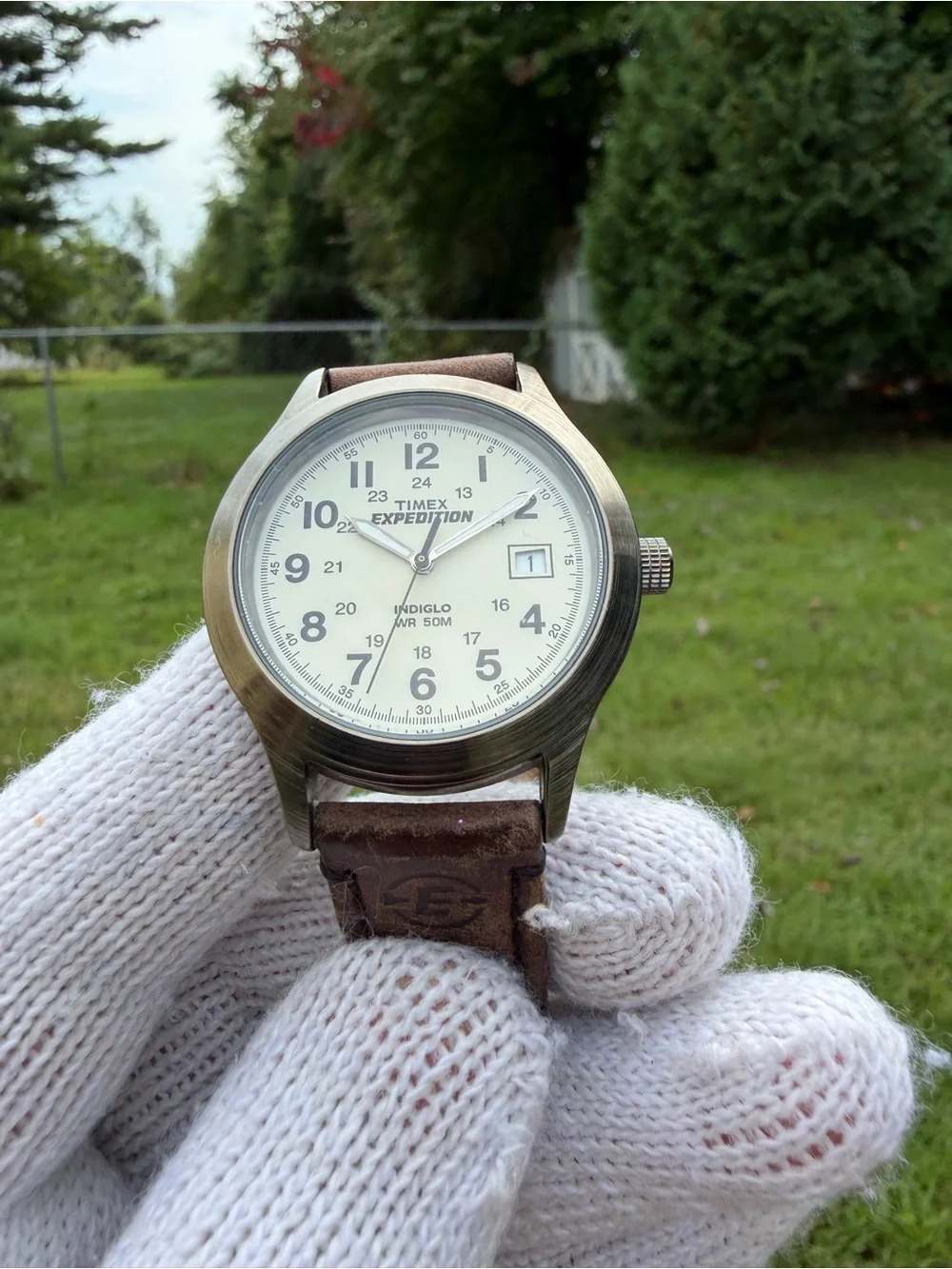 Timex Expedition Scout 905 Watch 149870 CR2016 Battery Cream Dial Brown Leather